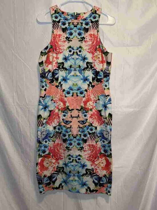 Dresses & Skirts - Floral Butterfly Mirror Print Sleeveless Bodycon Midi Dress Exposed Zip